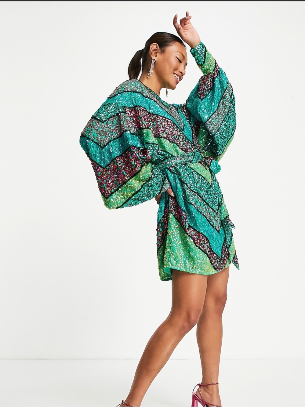 ASOS‎ EDITION chevron sequin belted mini dress Long Sleeve Size 8